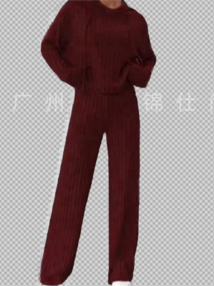 

Модная вязаная полоска, женская толстовка с капюшоном и длинным рукавом, комплект из 2 предметов, осенний новый свободный прямой женский спортивный комплект брюк