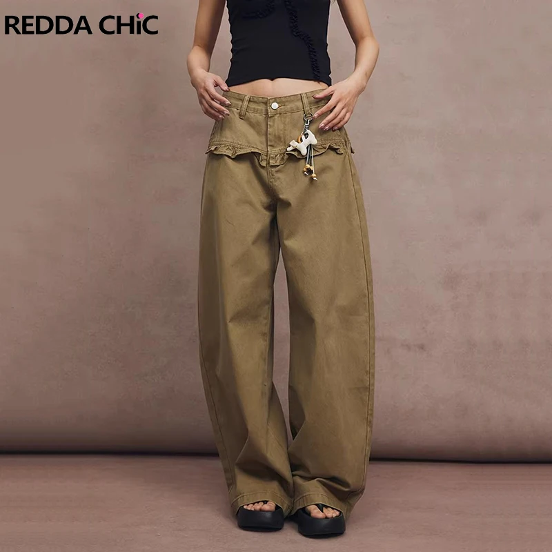 

ReddaChic Skirt Overlay Women Barrel Jeans Causal Loose Fit Baggy Solid Patchwork Denim Trousers Western Retro Everyday Wear