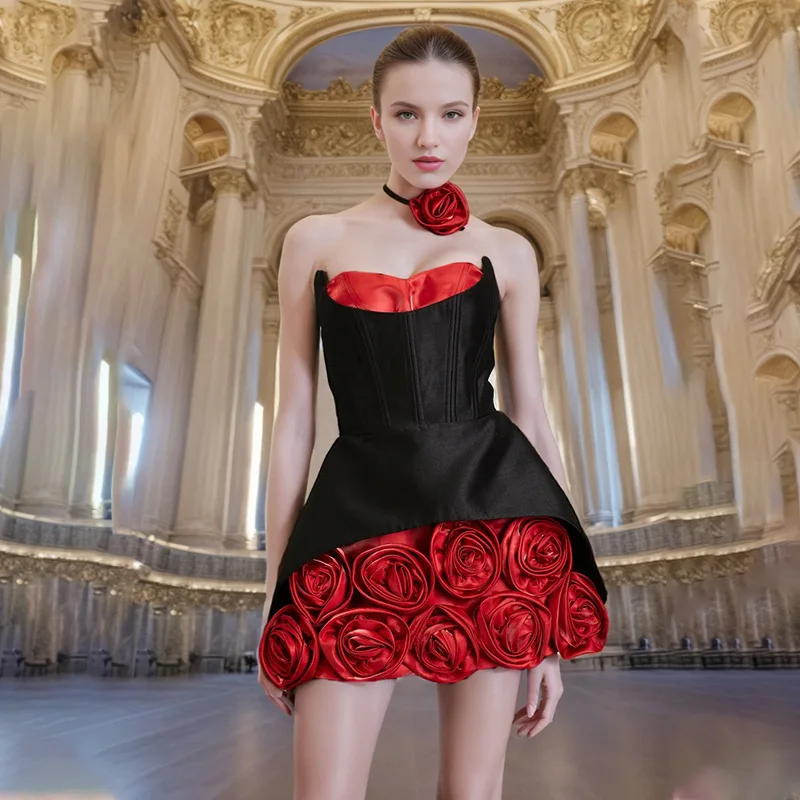 

French Style High-End Dark Gothic 3D Rose Color-Block Strapless Mini Dress 2025 Summer New Dress