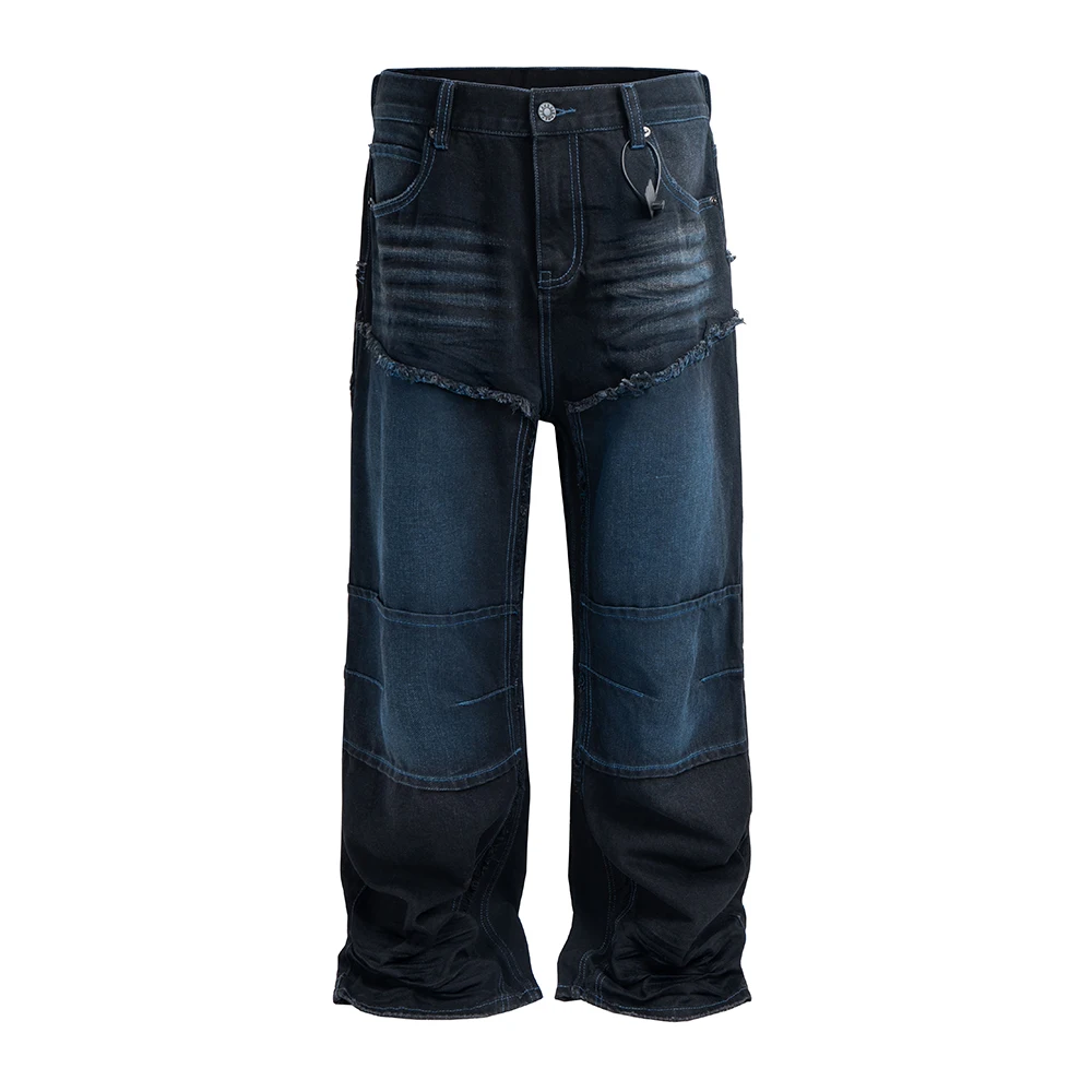 Harajuku Distressed Double Knee Silhouette Baggy Jeans for Men Wide Leg Washed Blue Vintage Loose Denim Trousers Oversized