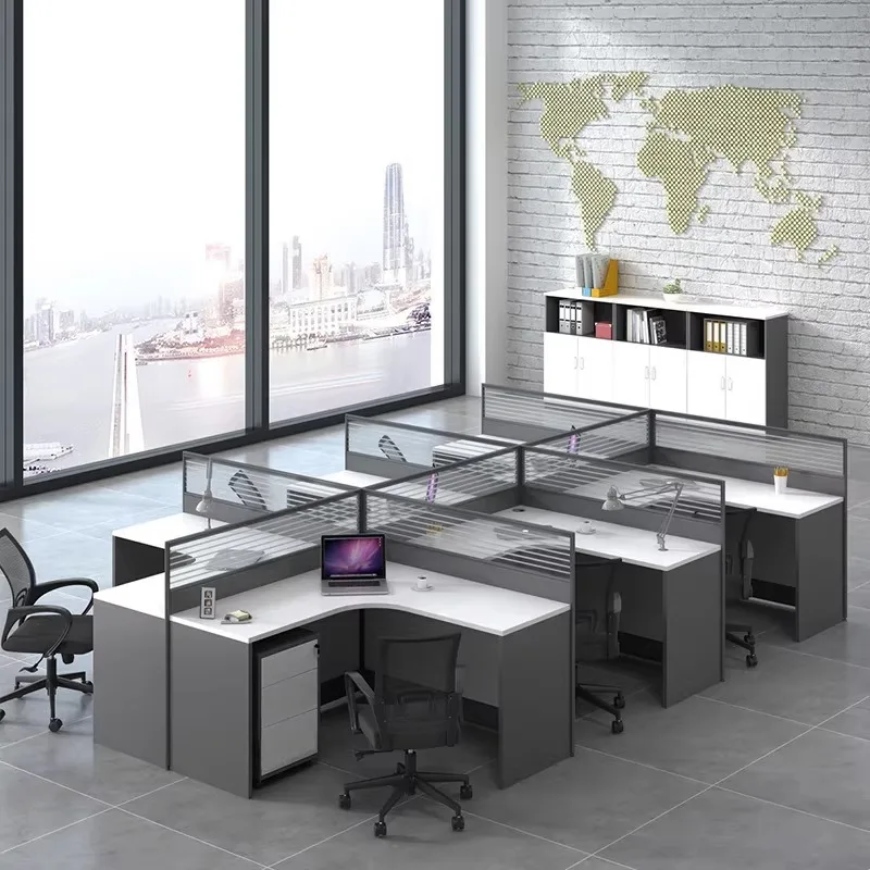 White Office Desk for 2 4 or 6 Persons Dry King Ten Corner L Shaped Cubicle Partition Workstation Setup