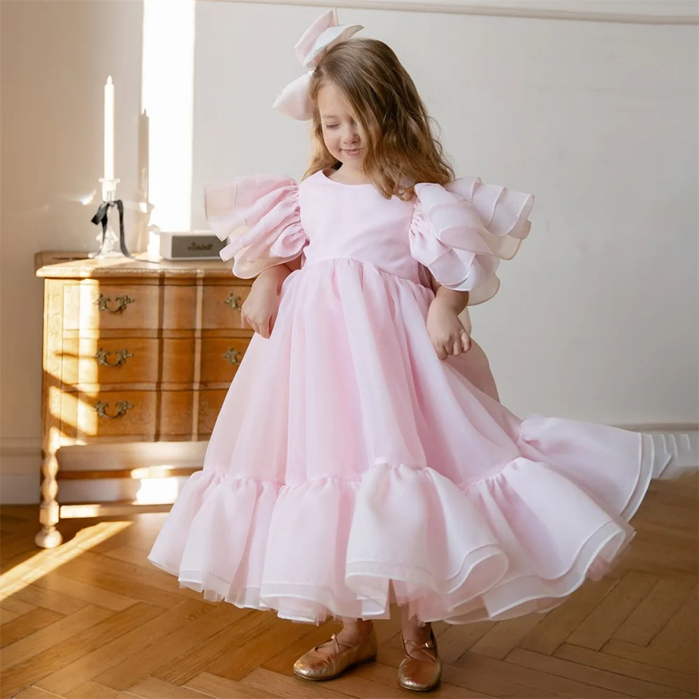 

Simone Princess Tulle Pleat Puff Sleeve A Line Flower Girl Dress Bow Ankle Length Long Ball First Communion Dress Customized