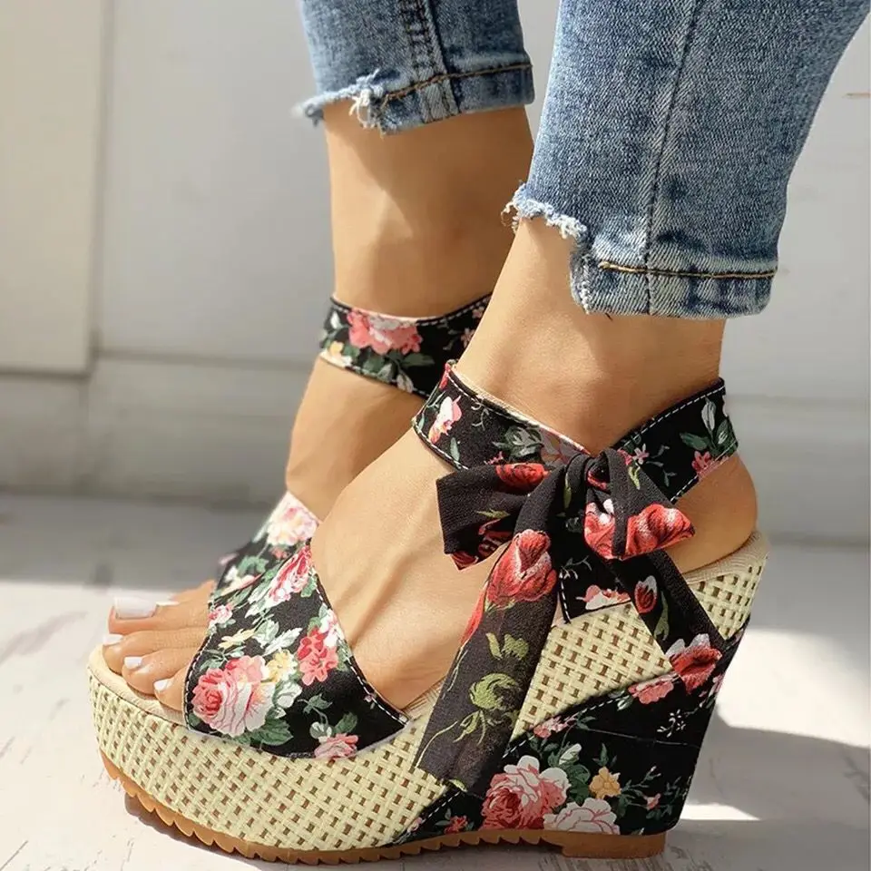 Hot Lace Leisure Women Wedges Heeled Women Shoes 2022 Summer Sandals Party Platform High Heels Shoes Woman