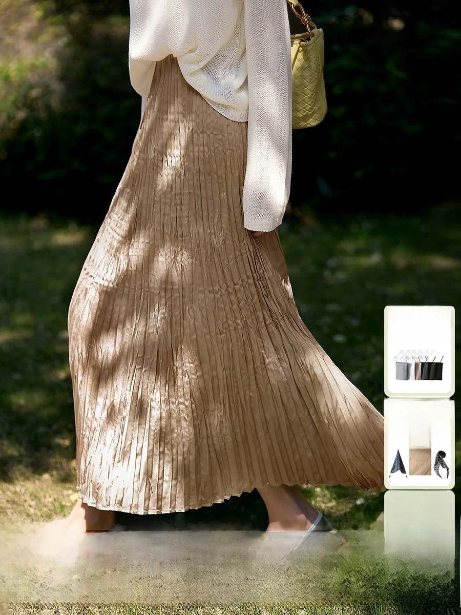 

Ele Artistic Pleated Skirt Faionable A-Line Midi Skirt High Waist Polyester Fiber Office Sle Spring New Arrival