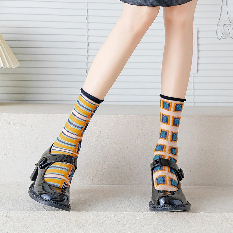 Women Summer Thin Glass Silk Socks, Japanese‑Style Crystal Long Socks, Ins Trendy AB Asymmetric Roll‑Edge Slouch Socks