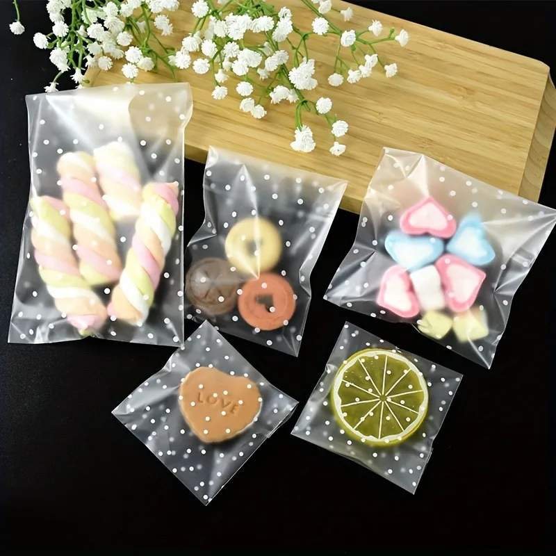 100pcs Self-Adhesive Dot Opp Bags, Polka Dot Cookie Bag, Clear Opp Cellophane Bags For Candy, Cookie, Party Favor Packaging Bags