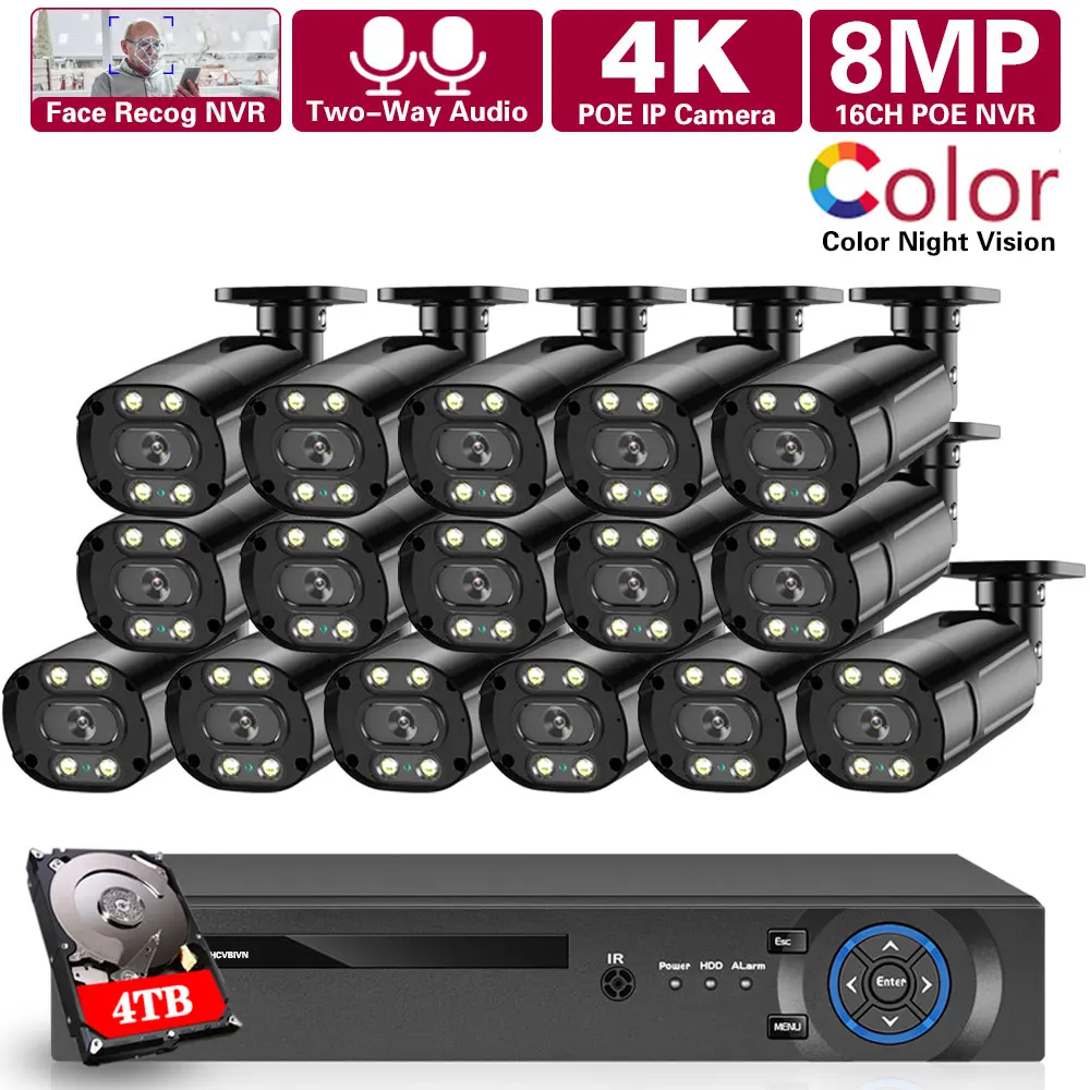 4K 16CH POE طقم NVR في الهواء الطلق IP كاميرا بشكل قبة نظام مراقبة بالفيديو عدة اللون للرؤية الليلية CCTV نظام الكاميرا الأمن مجموعة 8MP