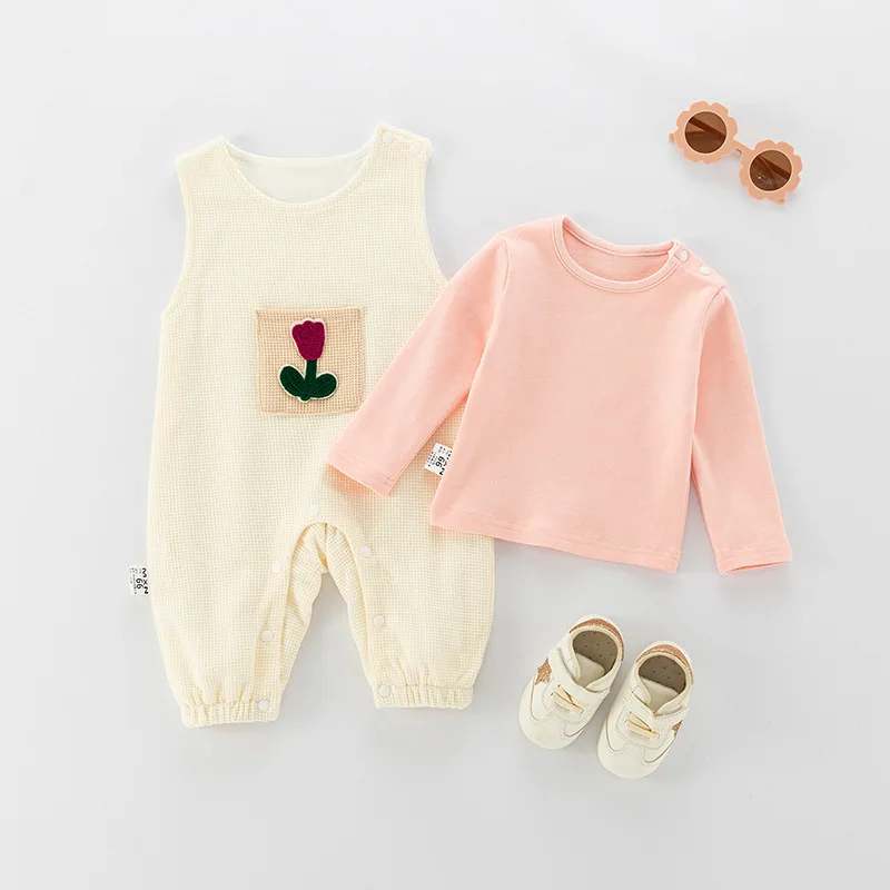 2024 Infant Girls 2PCS Clothes Set Autumn Solid Cotton Shirts Floral Pocket Round Collar Bodysuit Suit Newborn Girls Outfits