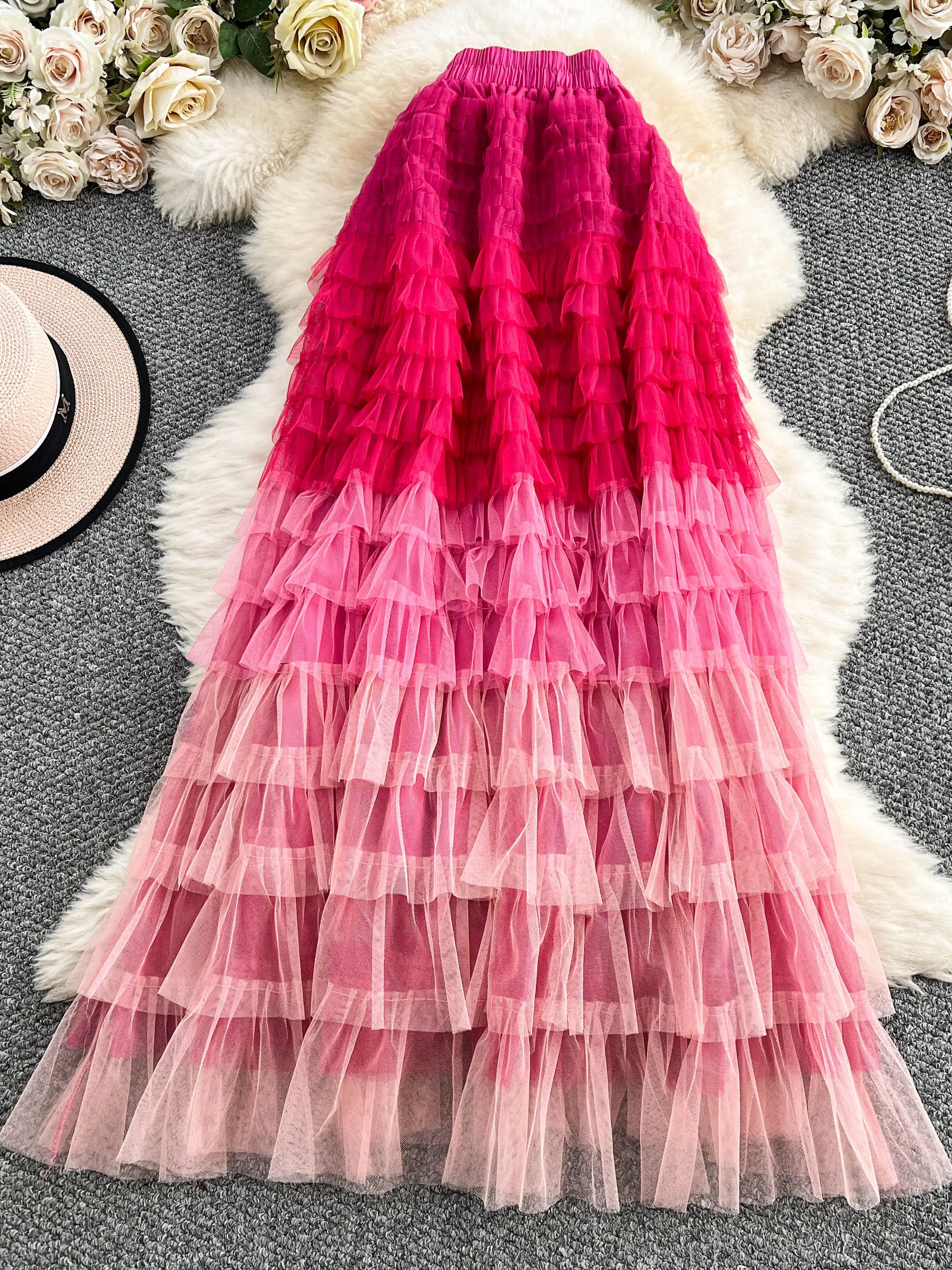 

REALEFT Fashion Mesh Patchwork Cake Long Skirts for Women 2026 New Spring Summer Elegant High Waist Colorful Women's Maxi Skirts