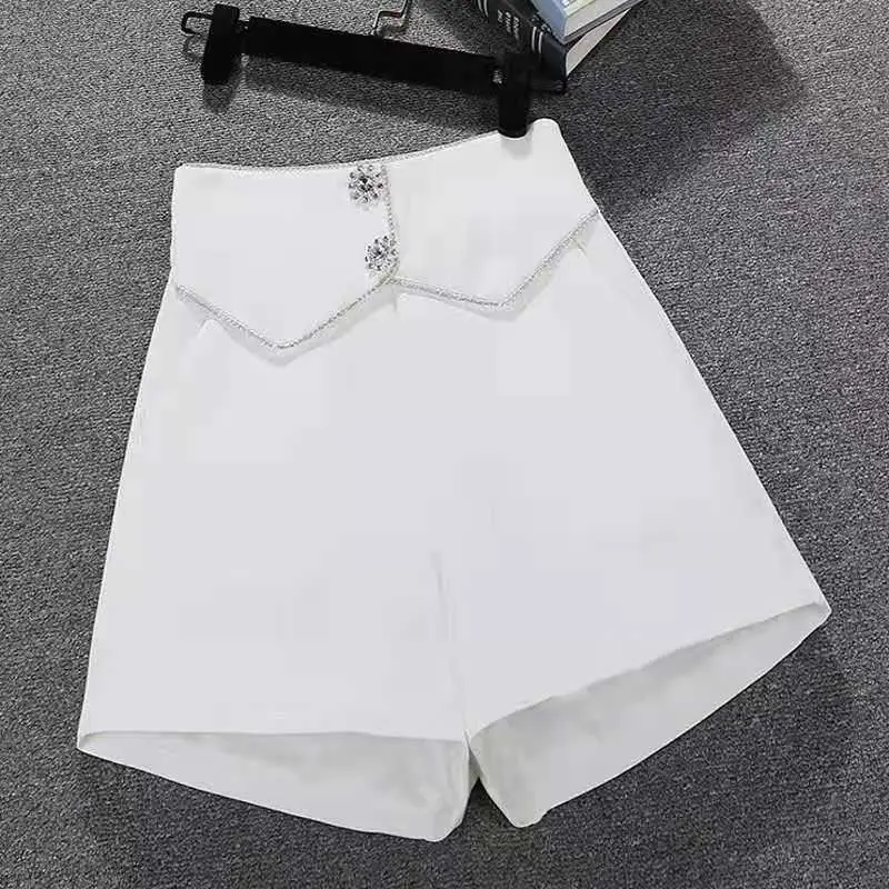 Commute Chic Spliced Diamonds Shorts for Female Summer New Korean Elegant High Waist Loose Solid Color Pants Women\'s Clothing