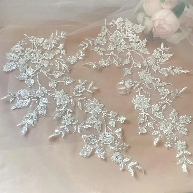 

10PCS and 2PCS. White Beaded Lace Mirror Flowers.Flower Leaves Embroidery Wedding Dress Headdress.DIY Sewing Supplies Patch