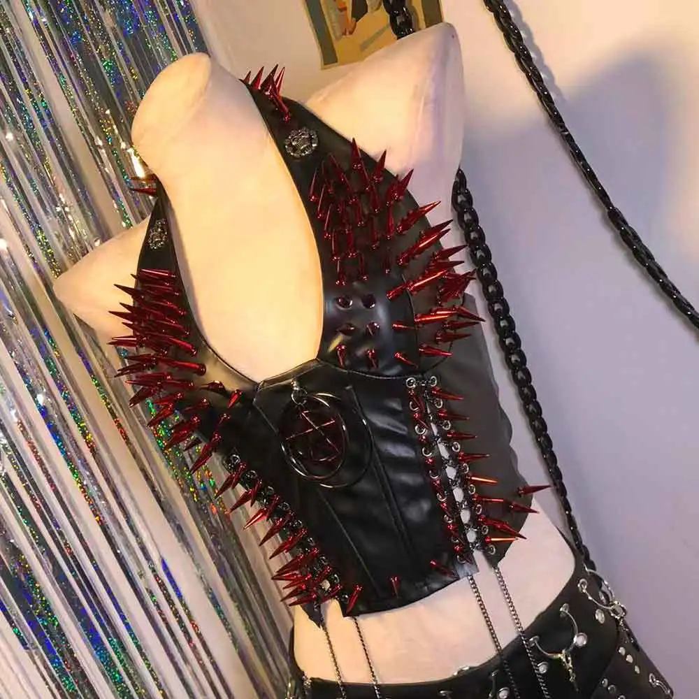 Women's Y2K Goth Crop Top Tanks Emo Gothic Boho Red Spiked Bra Punk Rock ALT Clothing with Spikes for Teens Scene Rave Festival