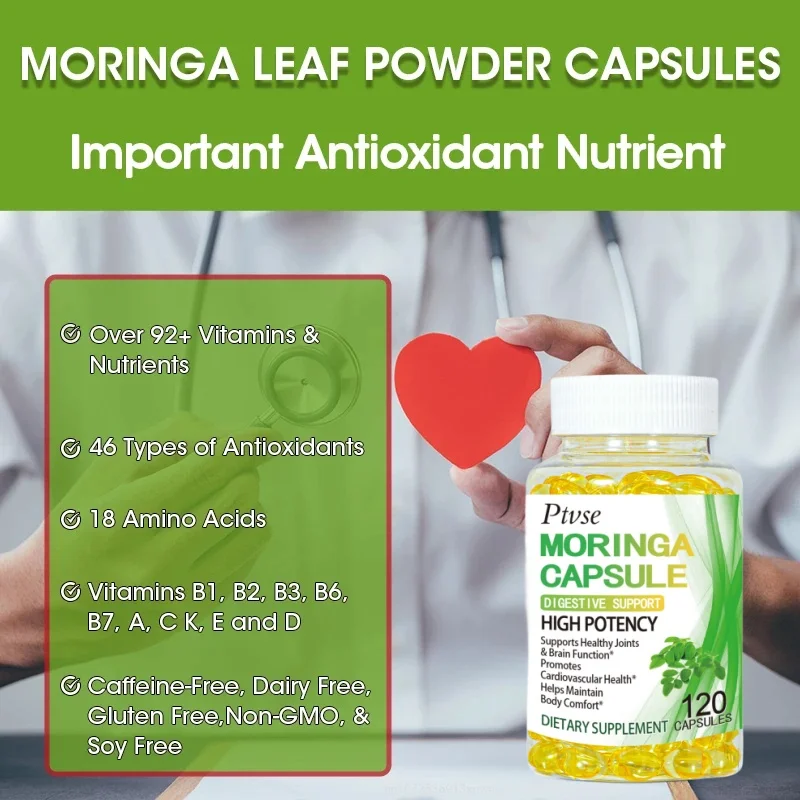 Pure Organic Moringa Oil Leaf Powder Capsules 1000mg - Immune System and Energy Booster - Vegetarian Supplements for Healthy