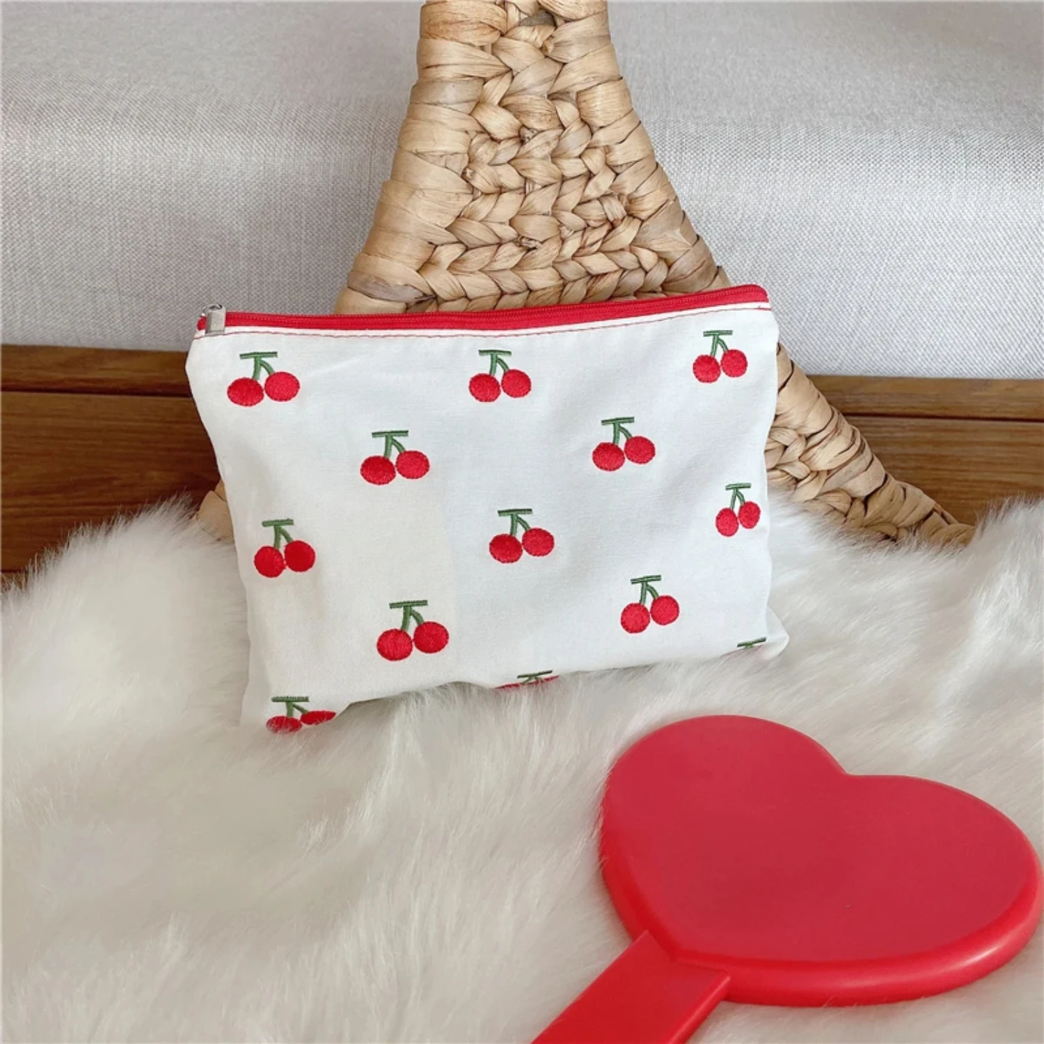 Portable Travel Ins Girl Heart Cherry Embroidery Makeup Lipstick Cosmetic Organiser Canvas Pouch Coin Purse - Cute, Stylish, and