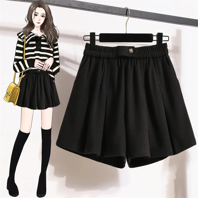 Korean Women Large Size 4XL Pantalons Autumn Winter Lady Fashion Wide Leg Short Pants Femme High Waist Woolen Trousers