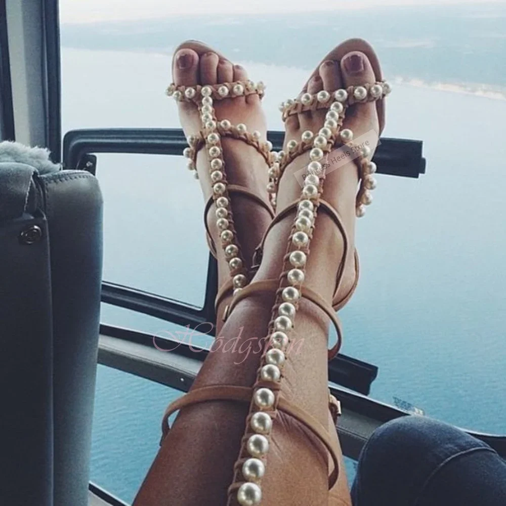 

Pearl Straps Hollow Sandals Solid Open Toe Stiletto Heels Buckles Sandals Women Sexy Shoes Summer Party Casual Designer Shoes