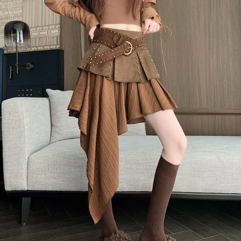Spice Girl Design Sense High Waist Splicing Irregular Skirt with Belt