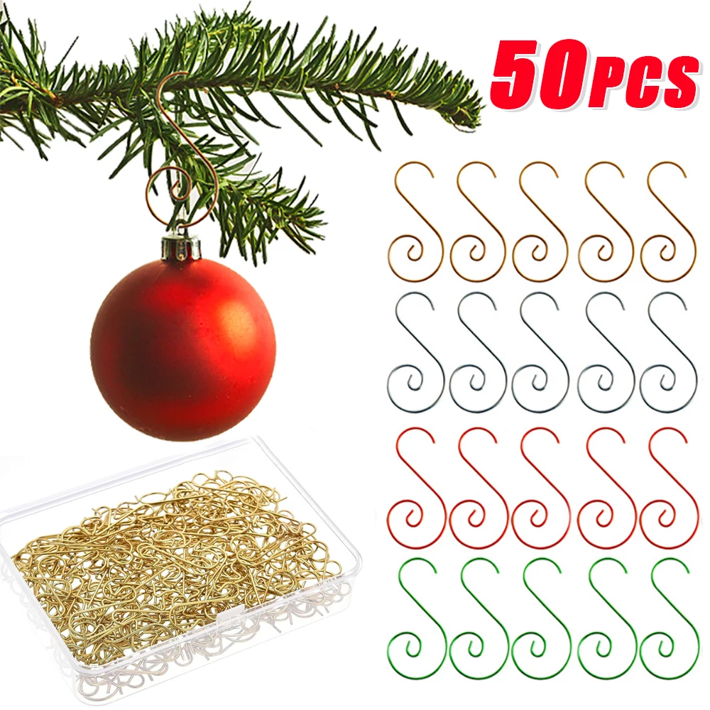 50/10Pcs Christmas Ornament Hooks Metal S-Shaped Hooks Hanger Christmas Ball Hanging Pendant For Home Christmas Tree Decorations