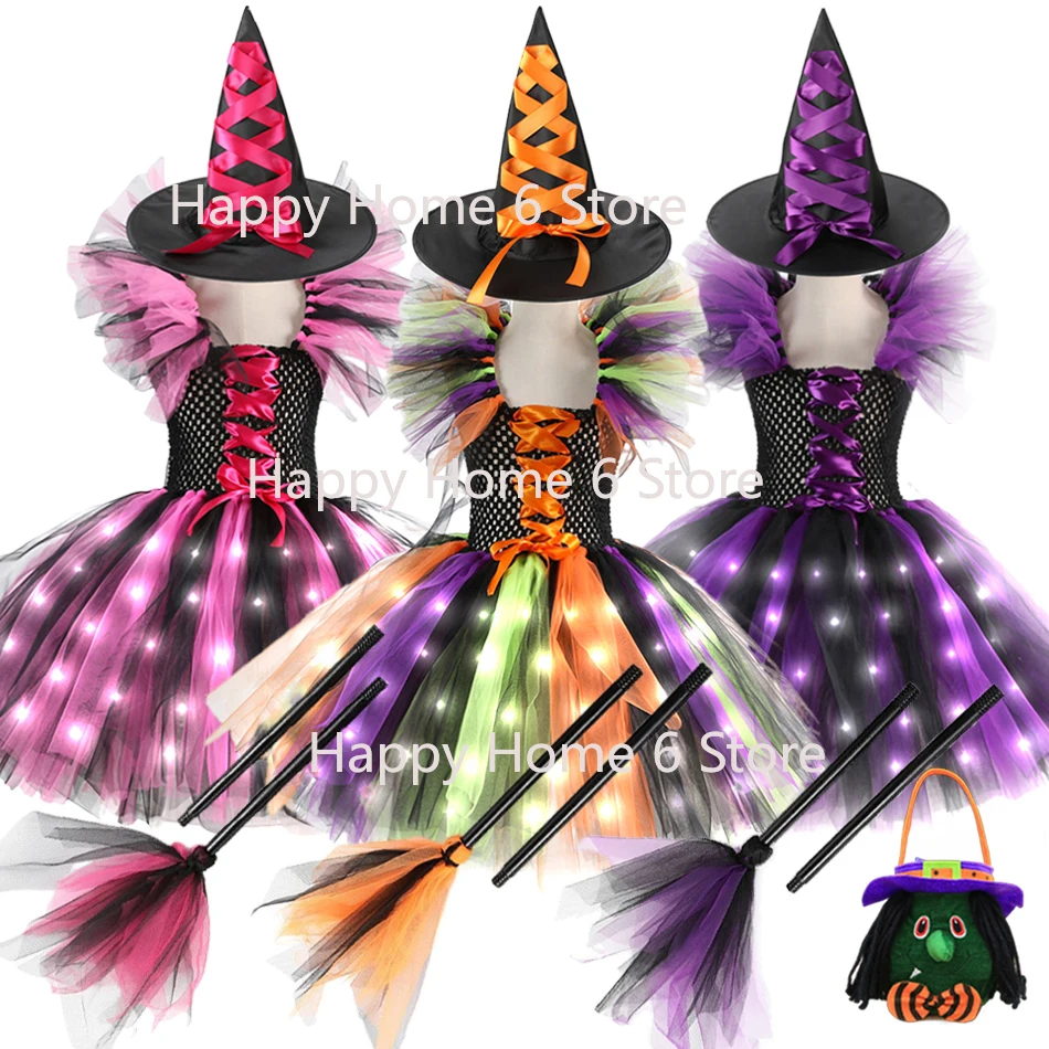 

Halloween Cosplay Witch Girl Dress Luminous LED Costume Kids Children Carnival Vestidos Party Witch Lights Up Dress