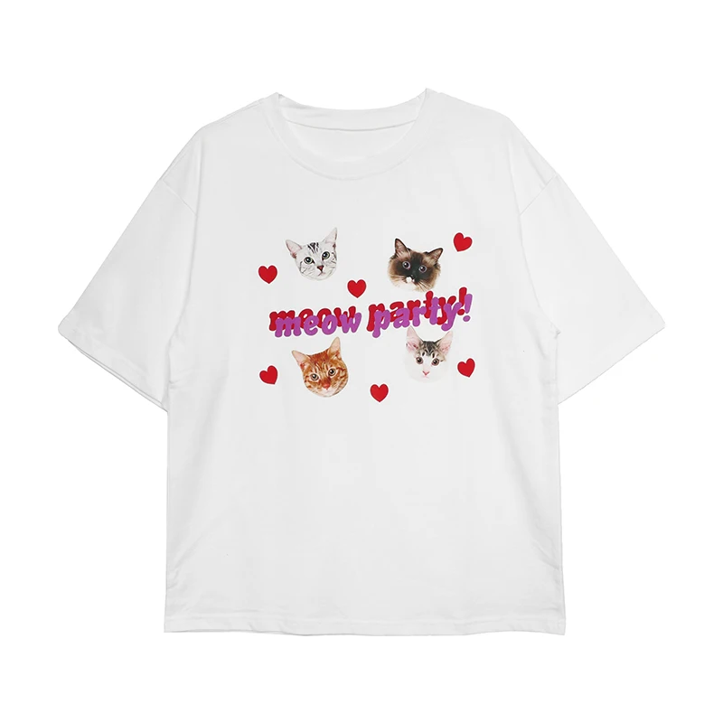 Summer T Shirt Women Female Shirt Cute Cat Graphic Crop Top Base O-neck White Kawaii Tees Ulzzang Funny Girl Tshirt Harajuku Y2k