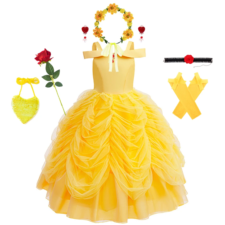 Girl Belle Dress Off‑Shoulder Strap Red Rhinestone Brooch Tiered Ruffled Pick‑Up Tulle Puffy Gown Kids Fancy Outfit for Carnival