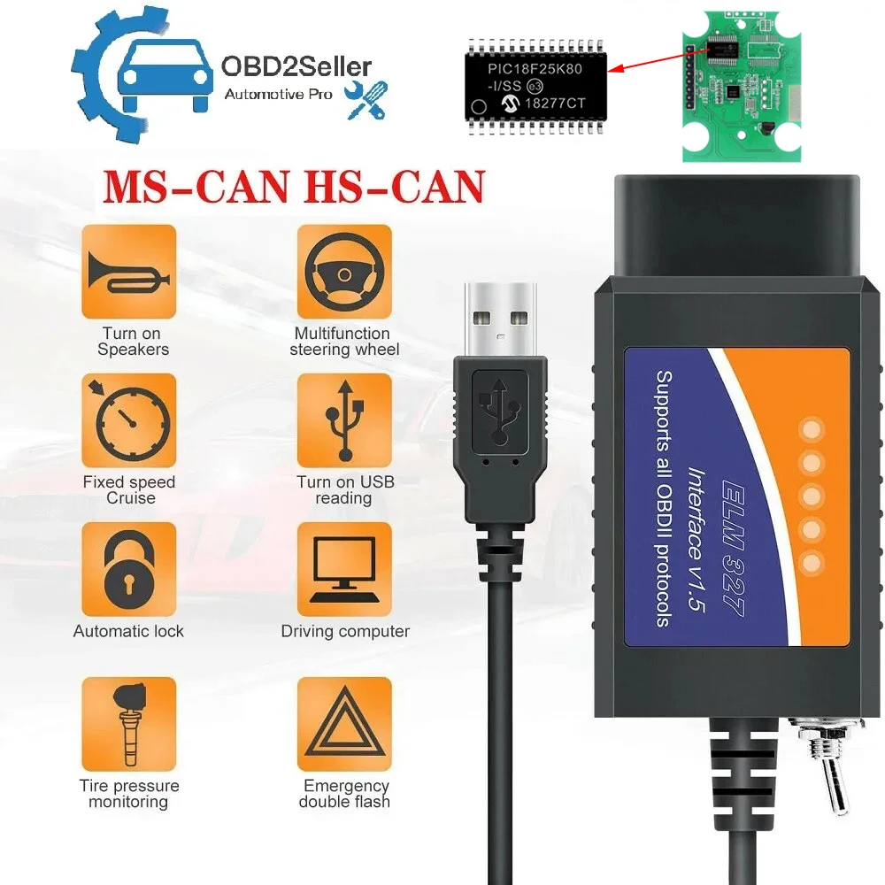 ELM327 USB V1.5 USB Diagnostic Scanner PIC18F25K80 Chip with HS-CAN/MS-CAN Switch for Ford Mazda OBD2 Diagnostic Tool