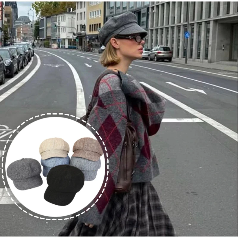 Solid Color Blended Octagonal Women Hat Korean Version Retro Newsboy Hat Sun Protection Beret Cap Winter Hat Women's Accessories