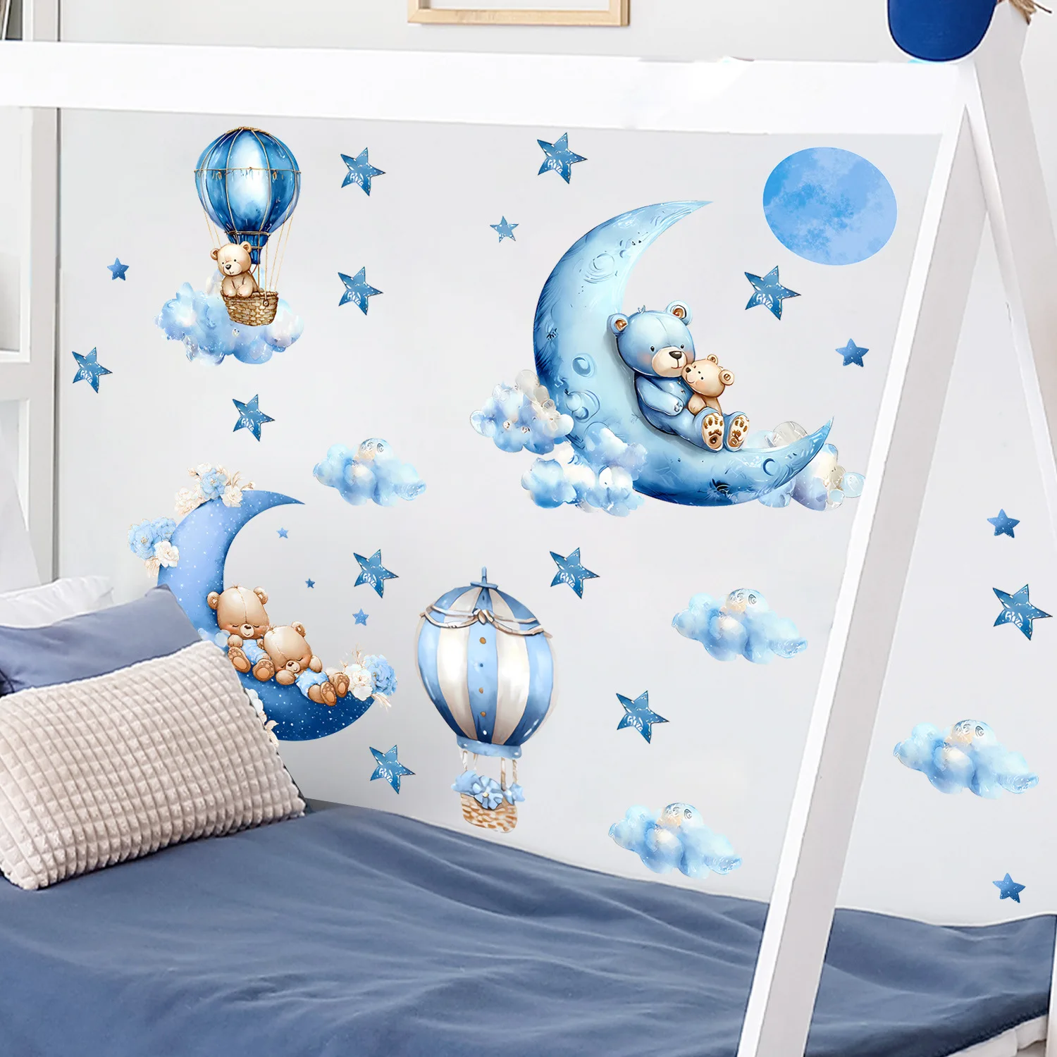 Blue Cartoon Teddy Bear Moon Hot Air Balloon Wall Sticker Kids Bedroom Waterproof Self Adhesive Decals Nursery Decor Peel Stick