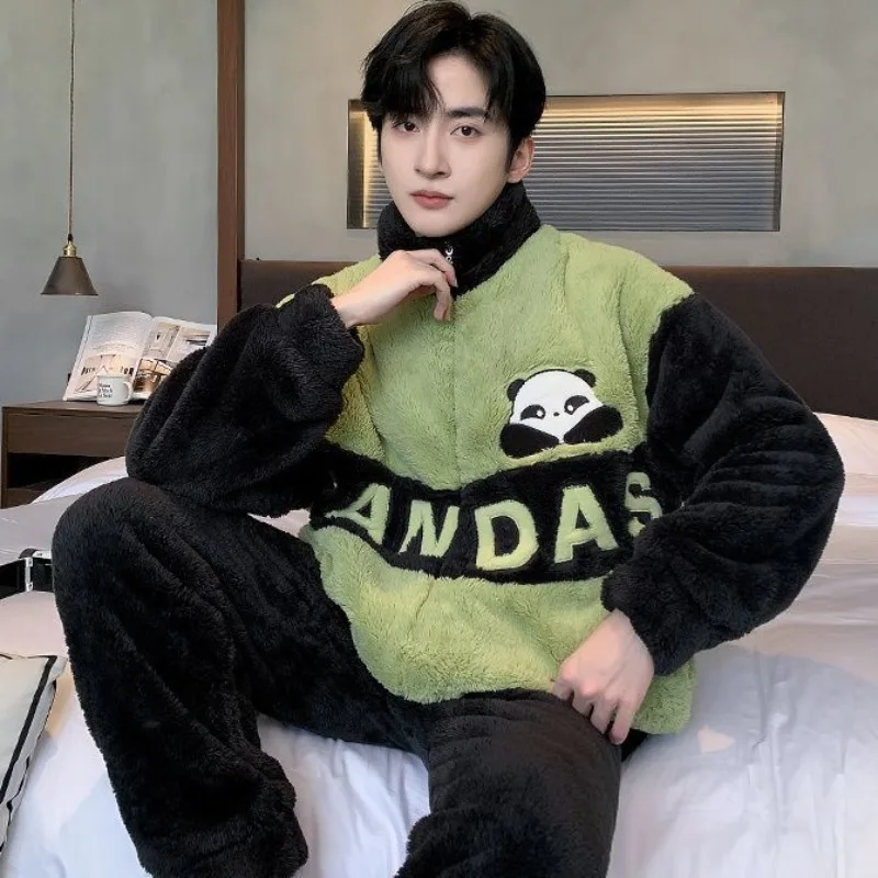 Men Autumn Winter Zipper Sleepwear Warm Winter Plus Velvet Loungwear Padded Coral Velvet Homewear Suit 2026 New Flannel Pajamas