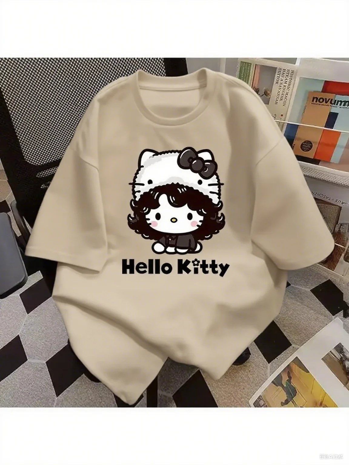 

Хлопковая футболка Sanrio Hello Kitty с принтом в виде шляпы с вьющимися волосами, ткань из 100% чистого хлопка для модного образа