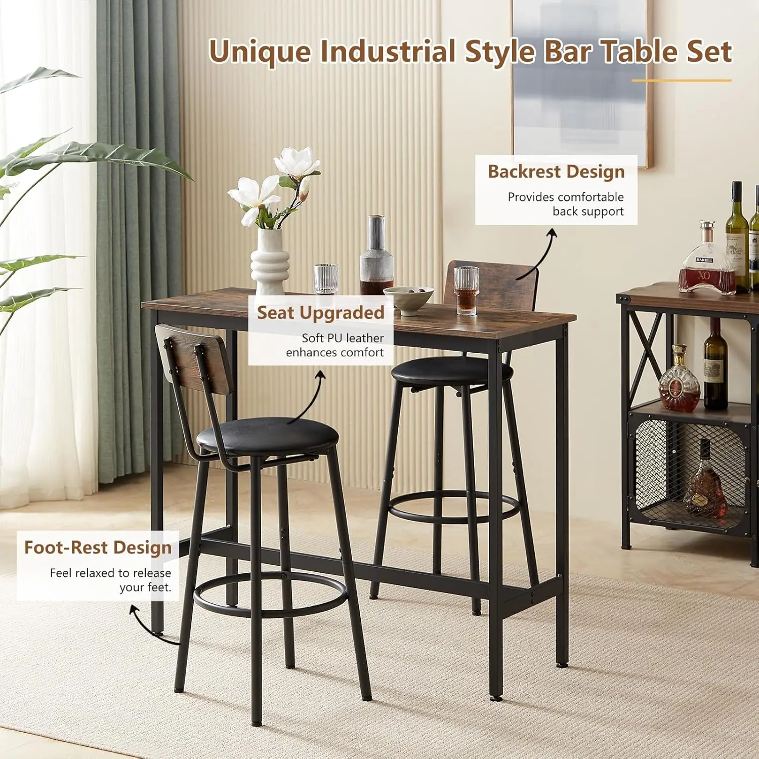 Bar Table with Stools Set of 2, Industrial 3 Piece Counter Height Small Dining Sofa Table and Chairs Set of 2, Brown