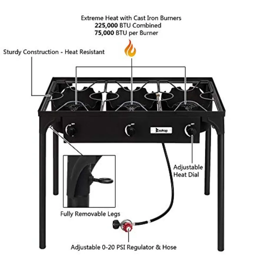 Portable Camp Stove Adjustable 3 Gas Burners with Detachable Legs Cast Iron Black Black