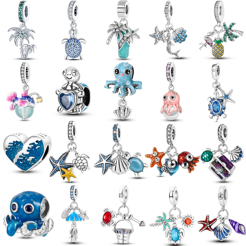 Seria Ocean Charms posrebrzany żółw rozgwiazda ośmiornica wisiorki z koralikami wisiorki Fit oryginalna bransoletka DIY tworzenia biżuterii
