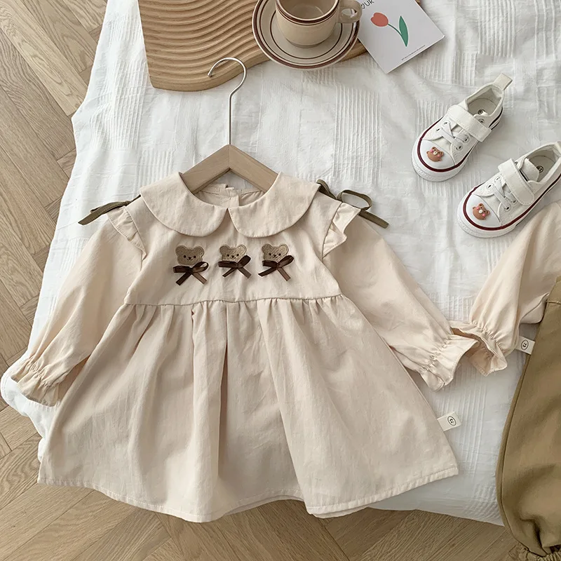 2024 Girls Bear Shirt 0-6 Years Old Spring Korean Girls Clothes Baby Doll Collar Shirt Kids Cute Dress Outwear