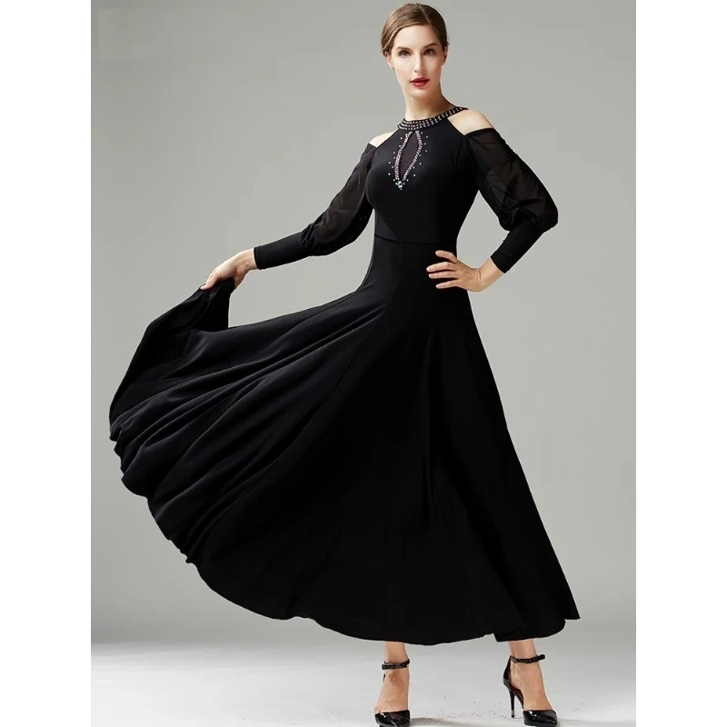 Adult Off-Shoulder Ballroom Dance Dresses Elegant Lantern Sleeve Waltz Dance Stage Costume Standard Tango Practice Wear