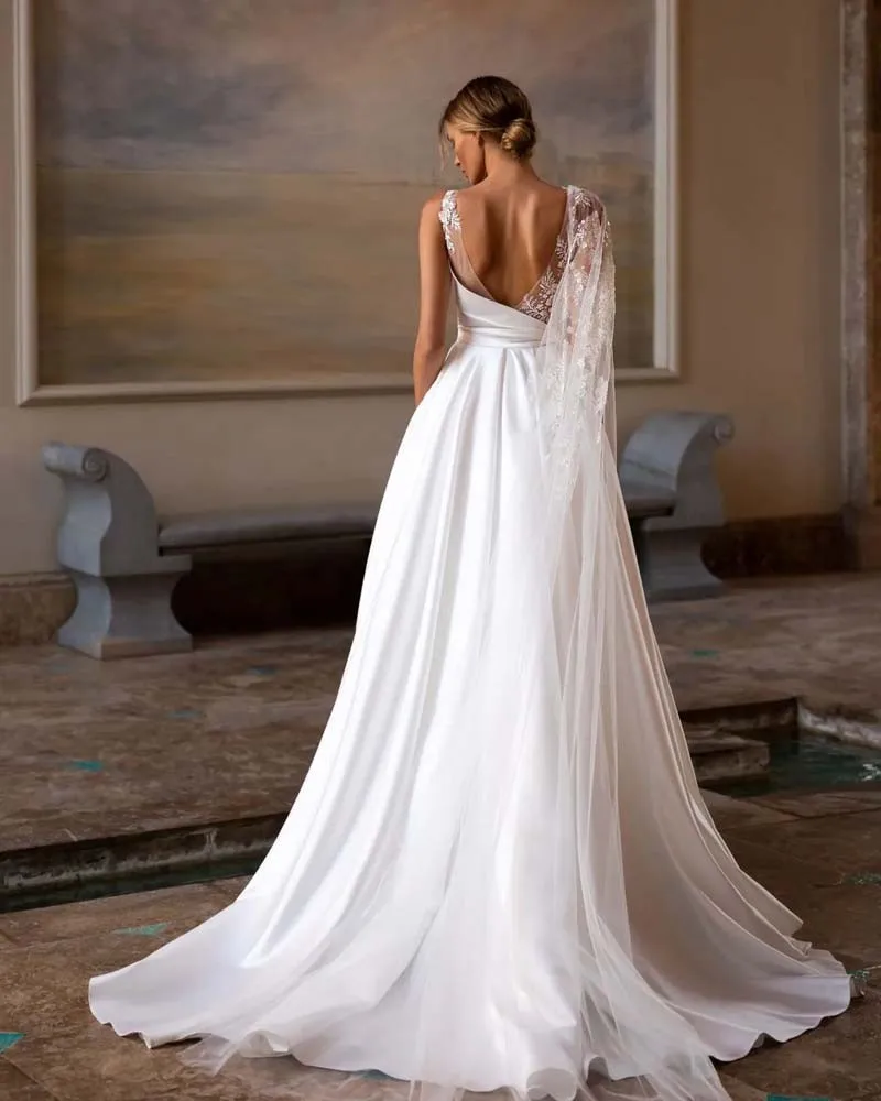 Abito da sposa senza schienale in pizzo bohémien a-line con cinturino tascabile Appliques a nastro abito da sposa monospalla o-collo Vestido De Novia