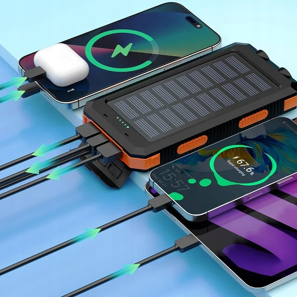 Przenośna ładowarka solarna o pojemności 26800 mAh, zasilana energią słoneczną, zewnętrzny akumulator do użytku w podróży i w sytuacjach awaryjnych.