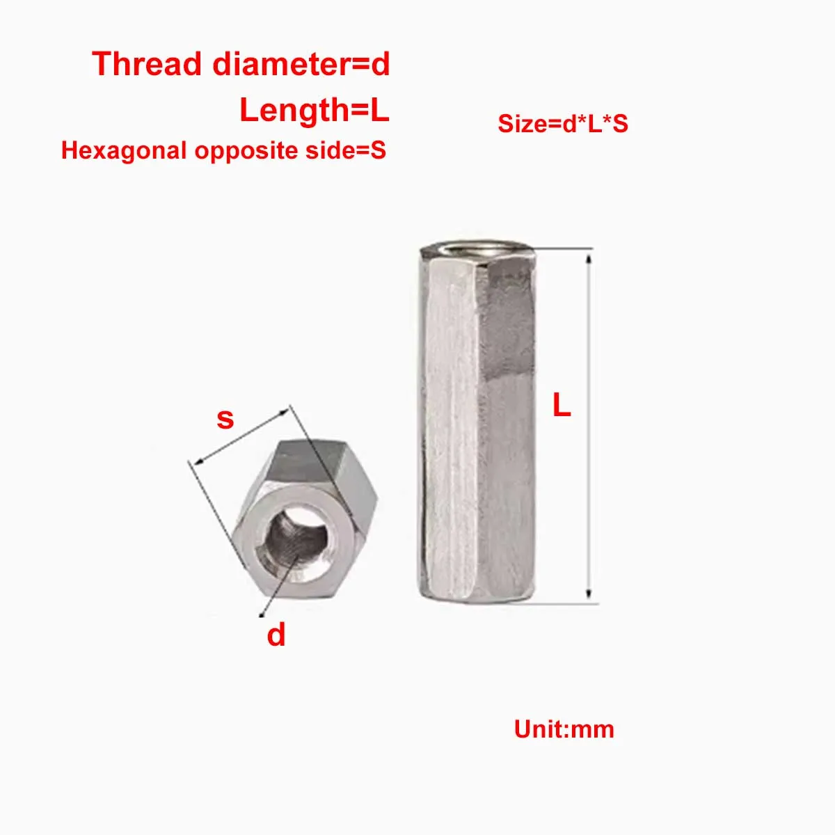 304 Stainless Steel Hexagonal Extended Nut/Screw Connection Nut, Screw Rod, Tooth Bar Joint M4M5M6M8M10M12M14