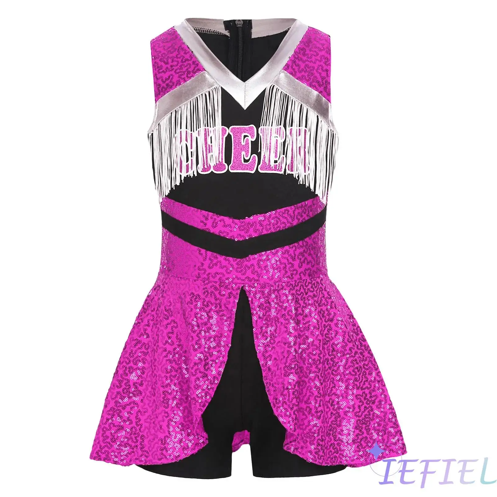 

Kids Girls Cheerleader Dance Outfit Set V Neck Sleeveless Jumpsuit And 1 Pair Flower Ball Bowknot Hair Ties Striped Tube Socks