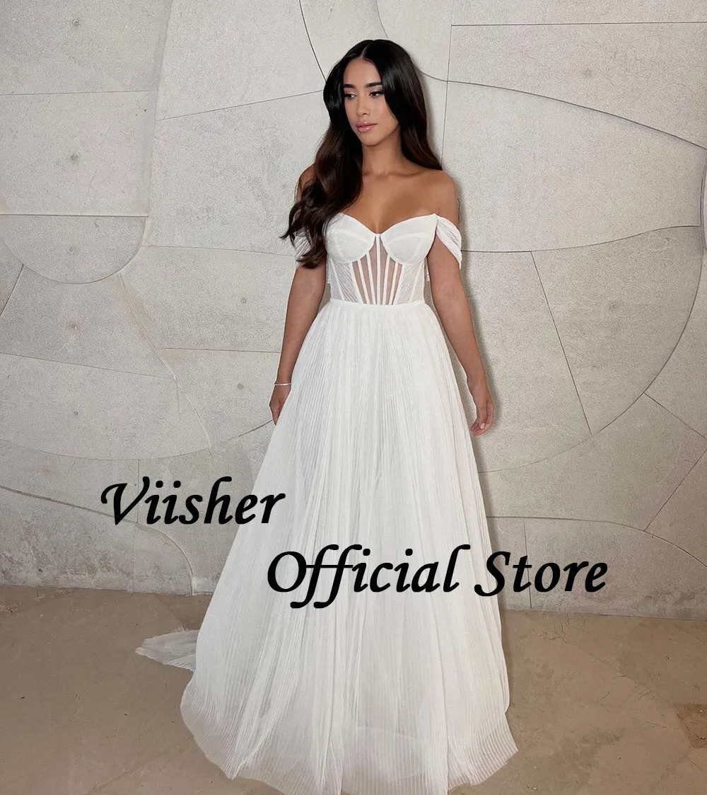 Viisher White Tulle Off Shoulder Wedding Dresses Bone Corset Sweetheart Bride Dress A Line Israel Beach Bridal Gown Floor Length