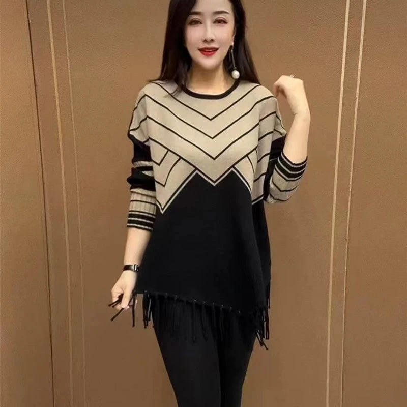 

Women Knitted Tassel Sweater New Spring Autum Fashion O-Neck Long Sleeve Jacquard Cape Jacket Casual Pullover Sweater Jumper