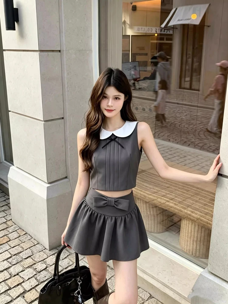

Fashionable Summer Outfit for Women with Puffy Collar Short Sleeve High Waist A-Line Skirt And Knot Top And Skirt Set