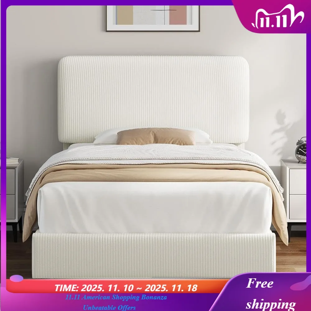 Twin Bed Frames with Adjustable Headboard, Chenille Fabric Upholstered Headboard/Platform Bed, Twin Size Bed Frame