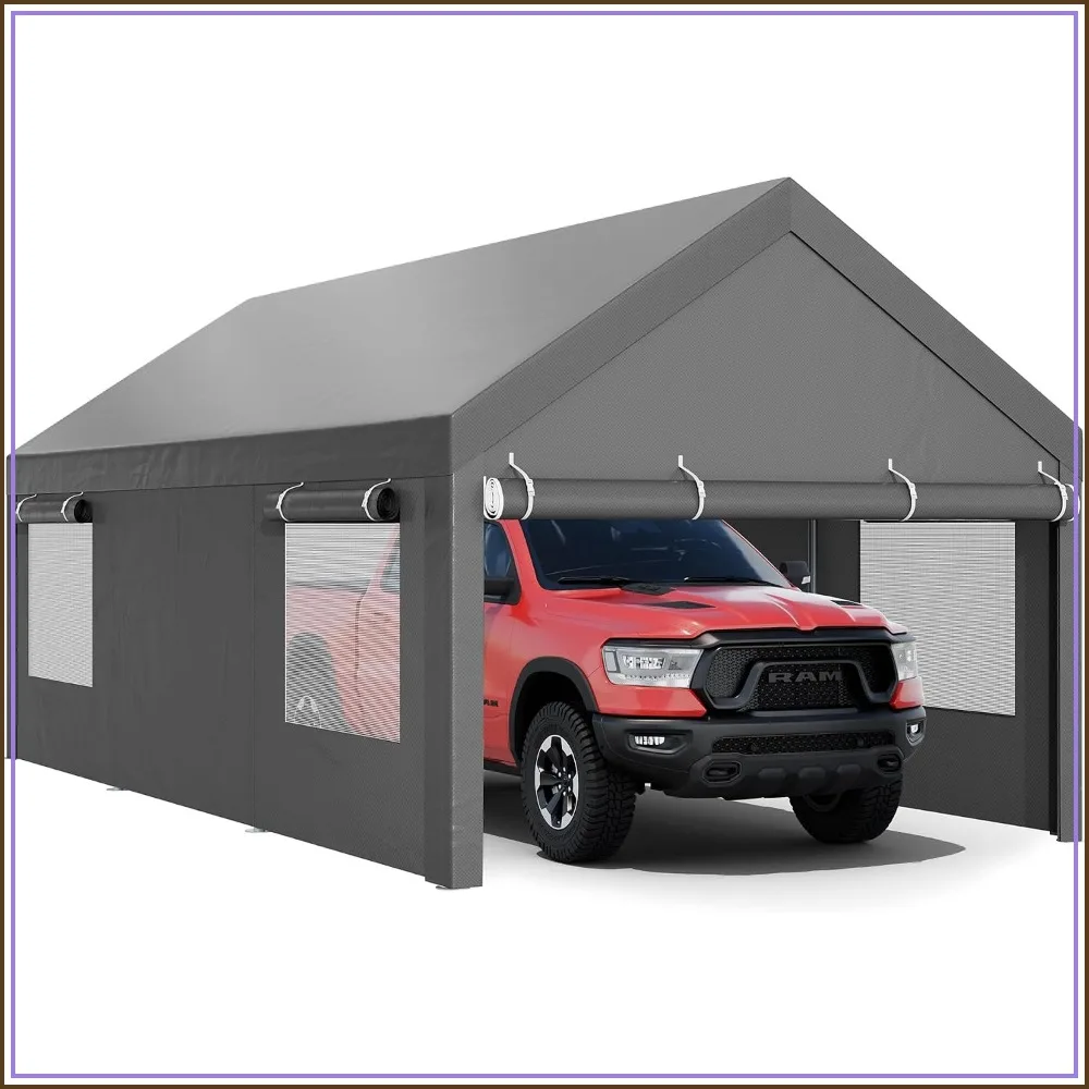 Heavy Duty Carport, Portable Garage with Side Walls, Roll-Up Window, Sandbags, All-Season Tarp for Cars Trucks Boats, Grey