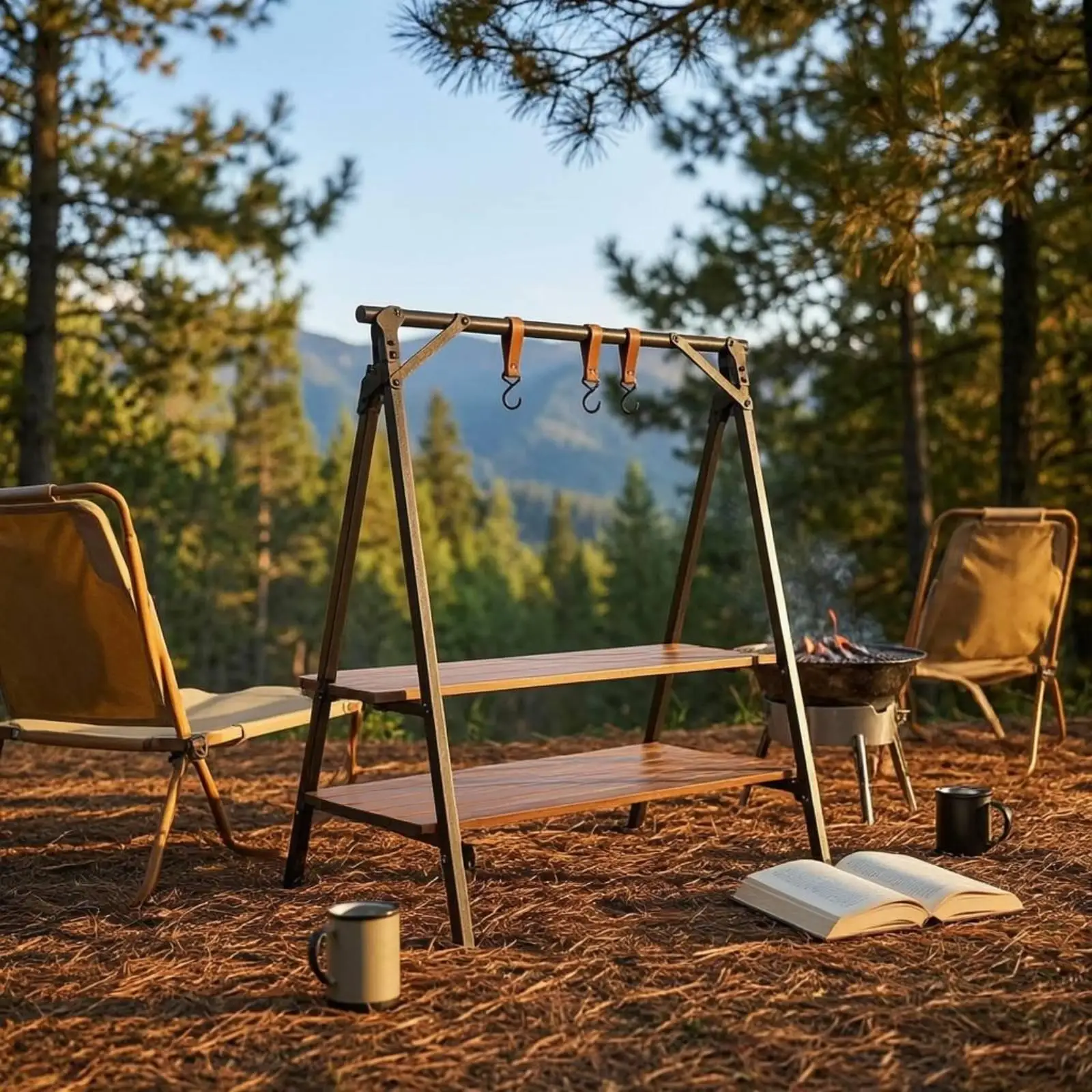 Wooden Folding Shelf Outdoor Storage Rack Camping Organizer Portable Iron Shelf Rack for Balcony Patio Cookware