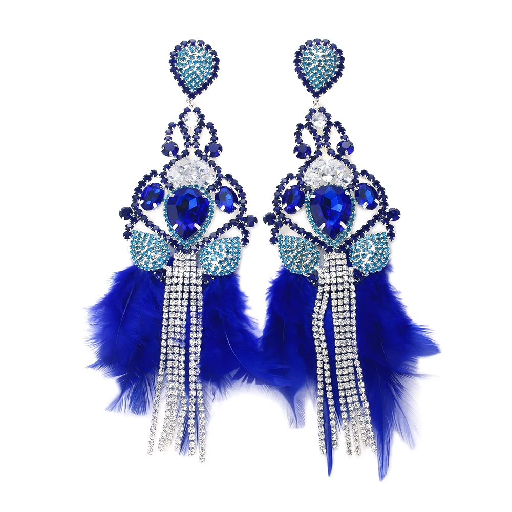 2024 Boho Blue Feather Tassel Earrings Dangle Woman Accessories Nightclub Sparkly Exaggerate Rhinestone Earrings Prom Jewelry