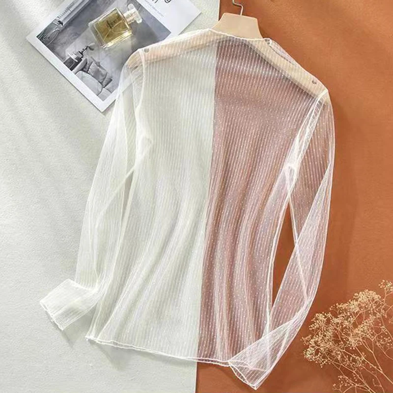 Women High Collar Mesh Perspective Blouse Summer Thin See Through Slim Bottoming Lace Long Flare Sleeved Tops