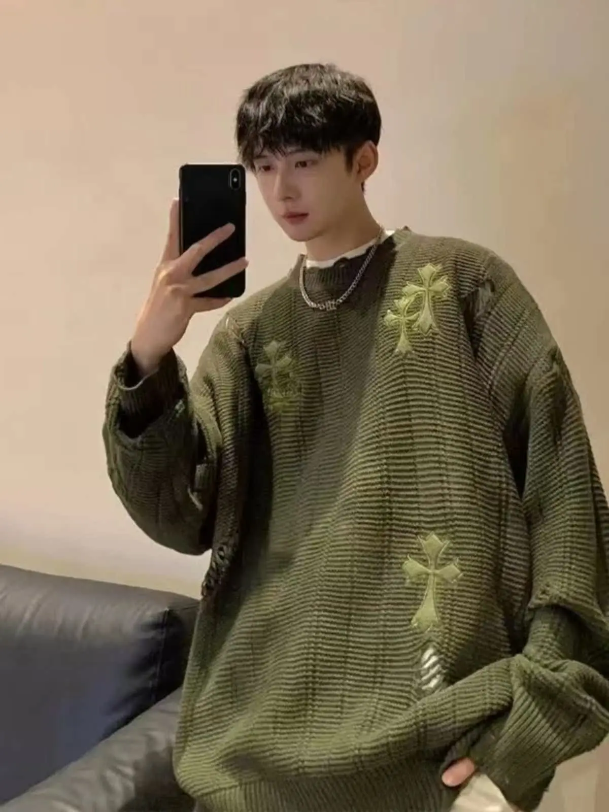 

Мужской вязаный свитер большого размера, осень-зима, винтажный американский дизайн с перекрестными отверстиями, верхняя одежда для пар, бейсбольный воротник