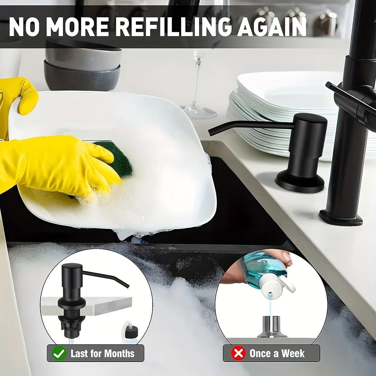 Sink Soap Dispenser for Kitchen Sink, Countertop Built in Sink Soap Dispenser with 40 inch Extension Tube kit,No Need to Fill