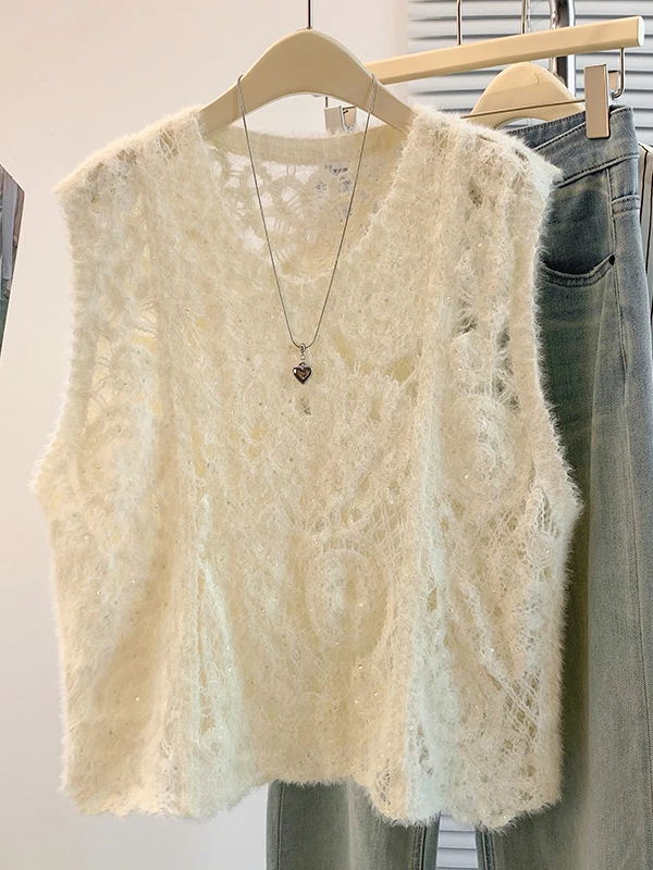 Authentic Fall New Style Simple Matching Hollow out Knitted Furry Overhead Vest Tank Top City Commute Regular Length Inner Wear